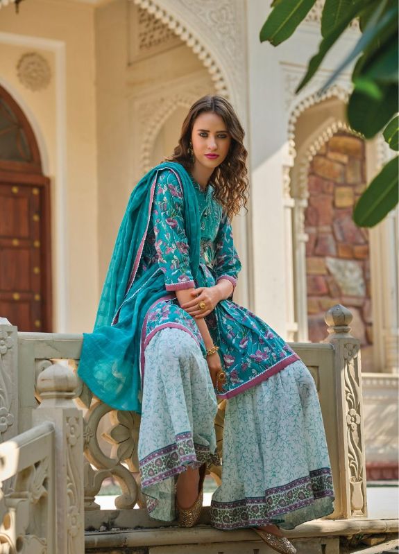 Teal blue coloured cotton sharara suit set
