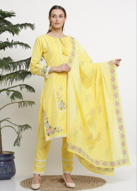 Lime coloured full embroidered pure cotton suit set