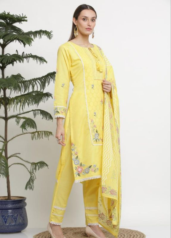 Lime coloured full embroidered pure cotton suit set