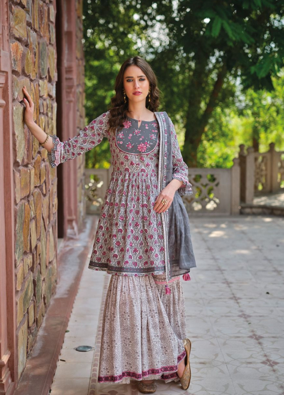 Grey coloured cotton sharara suit set