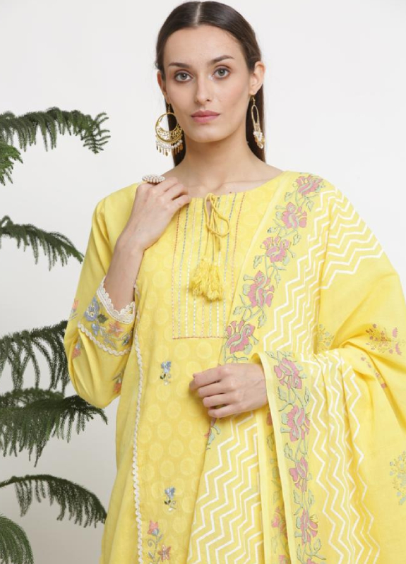 Lime coloured full embroidered pure cotton suit set