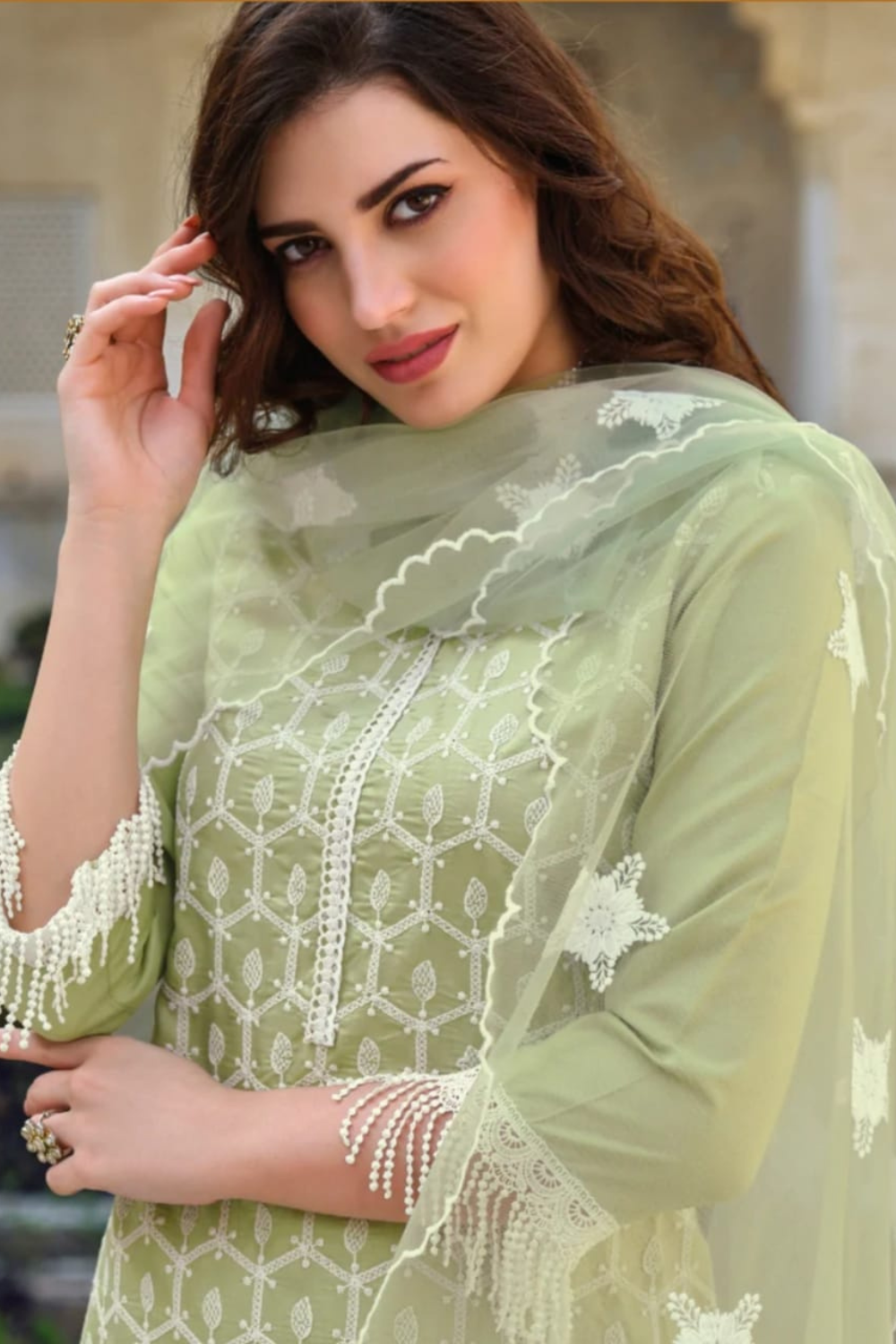 Green embroidered sharara suit set