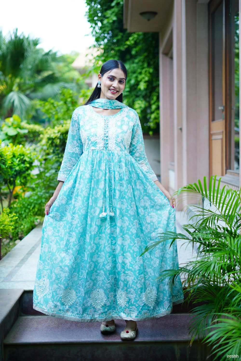 Pure mulmul cotton anarkali gown dress with dupatta
