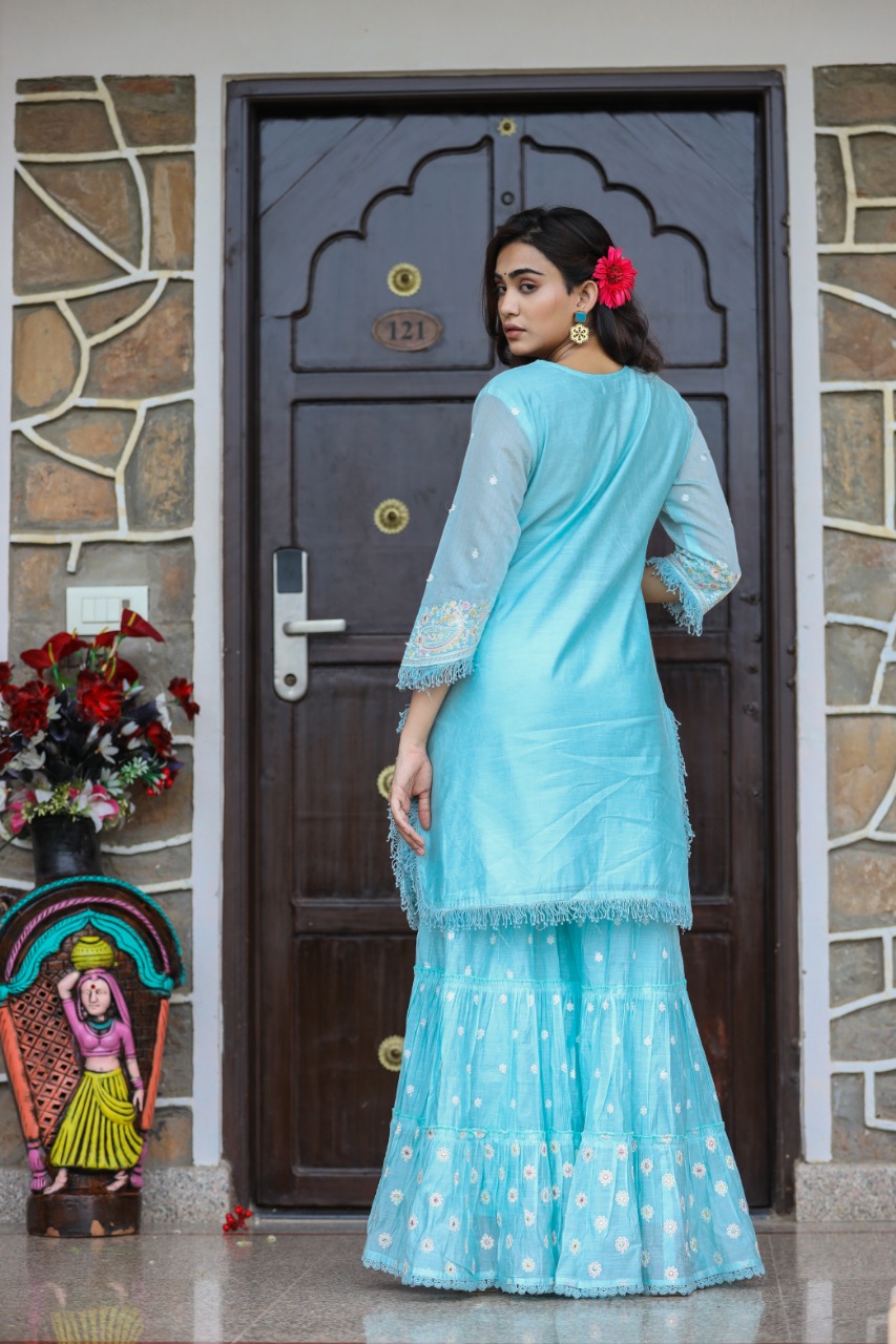 Silk Fabric Kashmiri Hand Work Heavy Sharara Set