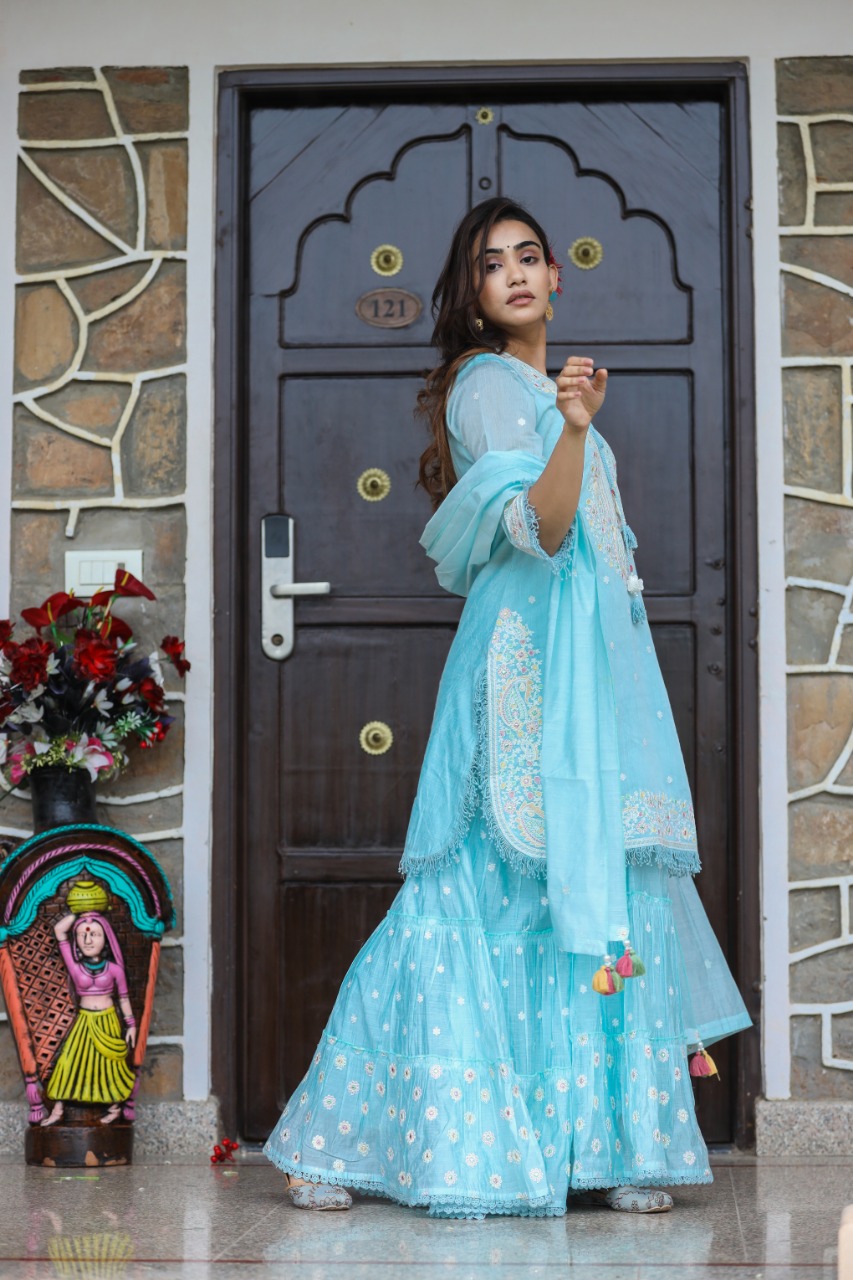 Silk Fabric Kashmiri Hand Work Heavy Sharara Set