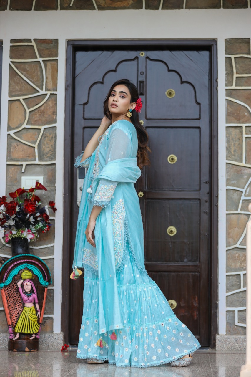 Silk Fabric Kashmiri Hand Work Heavy Sharara Set