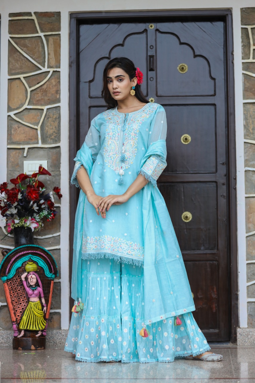 Silk Fabric Kashmiri Hand Work Heavy Sharara Set