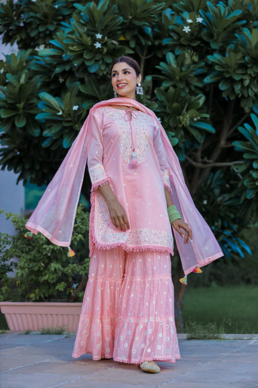 Silk Fabric Kashmiri Hand Work Heavy Sharara Set