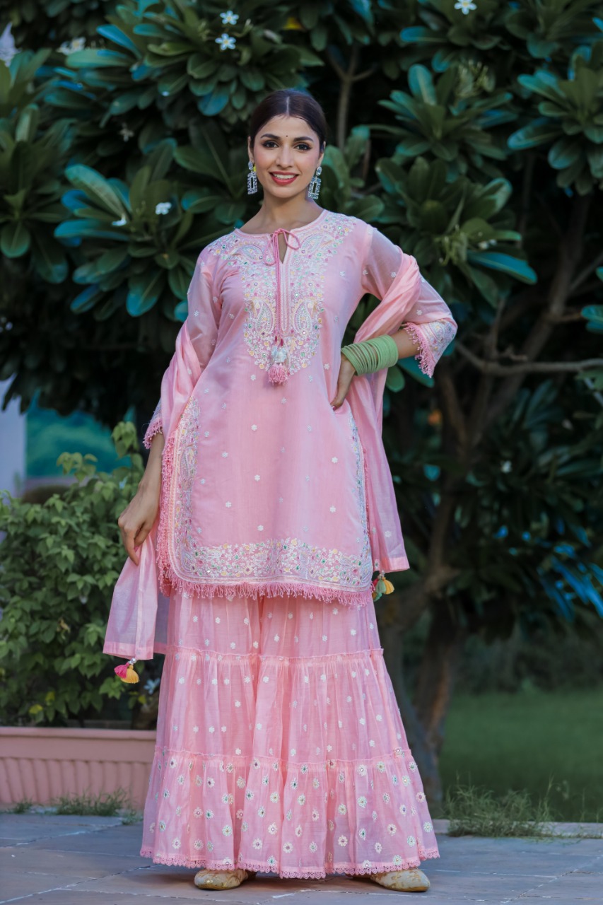 Silk Fabric Kashmiri Hand Work Heavy Sharara Set