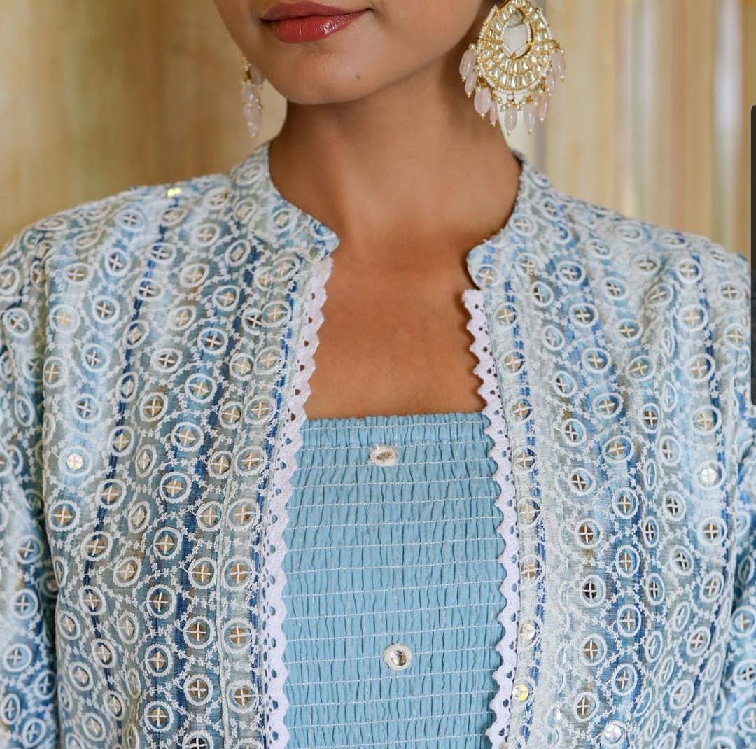 Cotton Lurex Blue Anarkali Dress With Full Sequence Work Jacket