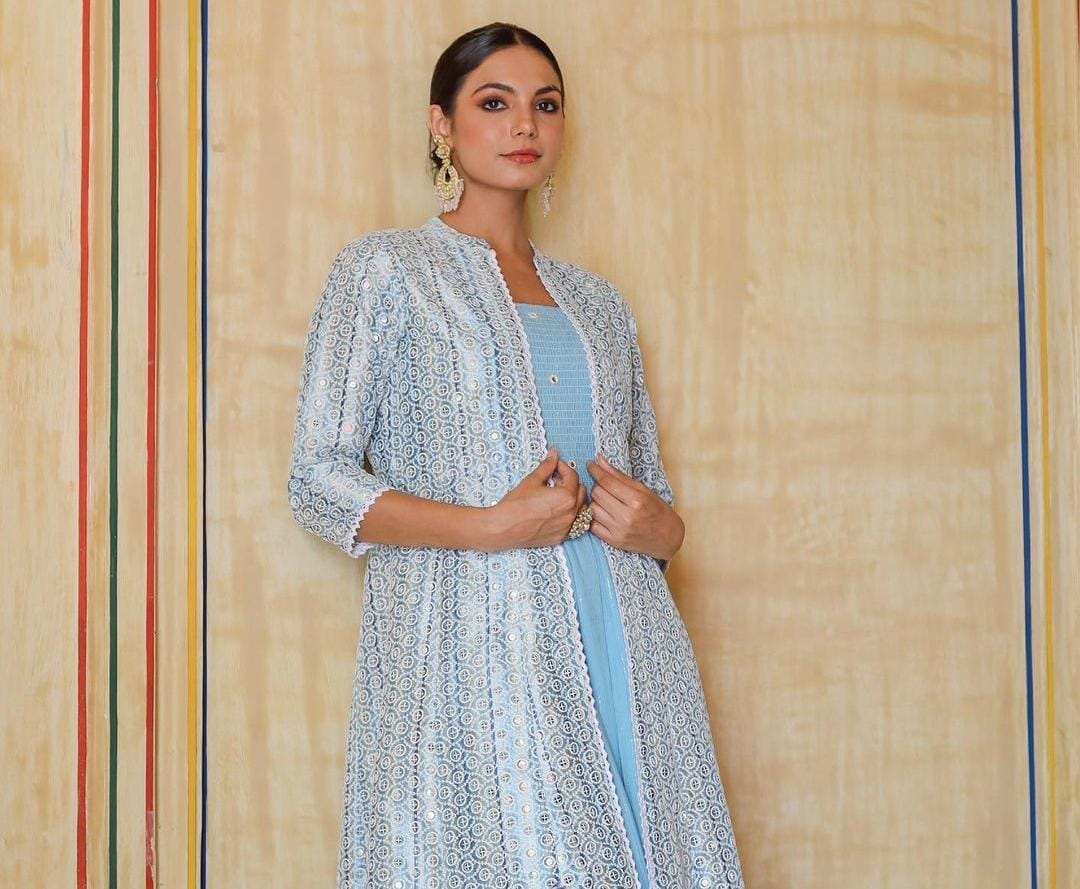 Cotton Lurex Blue Anarkali Dress With Full Sequence Work Jacket