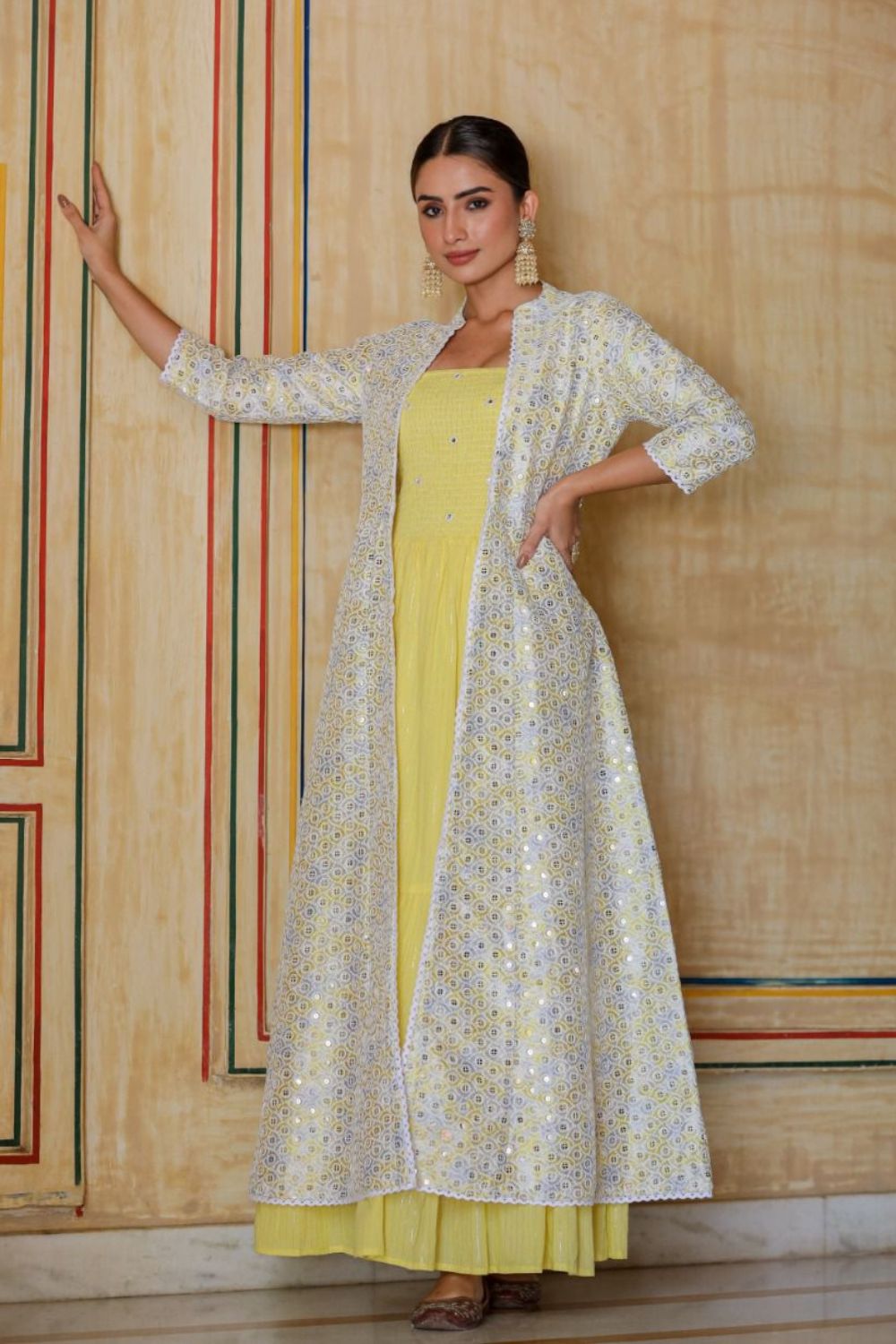 Buy Yellow Georgette Embroidered Floral U Neck Jacket And Gown Set For  Women by Onaya Online at Aza Fashions.