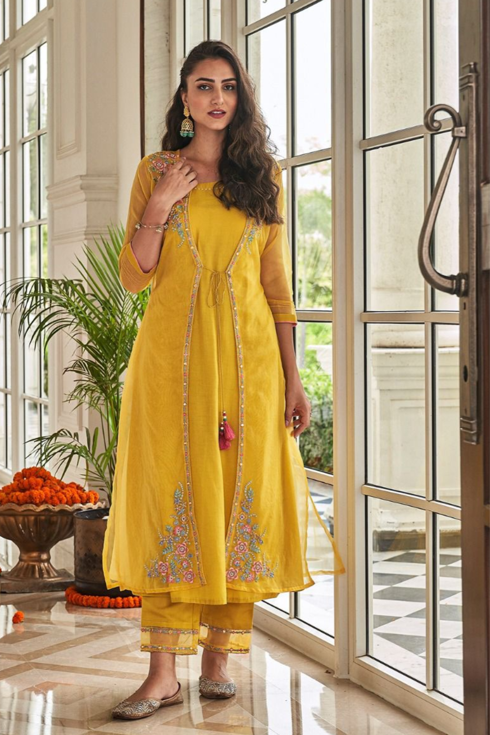 Yellow Colour Hand Embroidered Organza Set