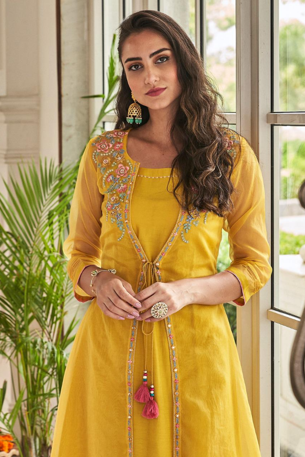 Yellow Colour Hand Embroidered Organza Set