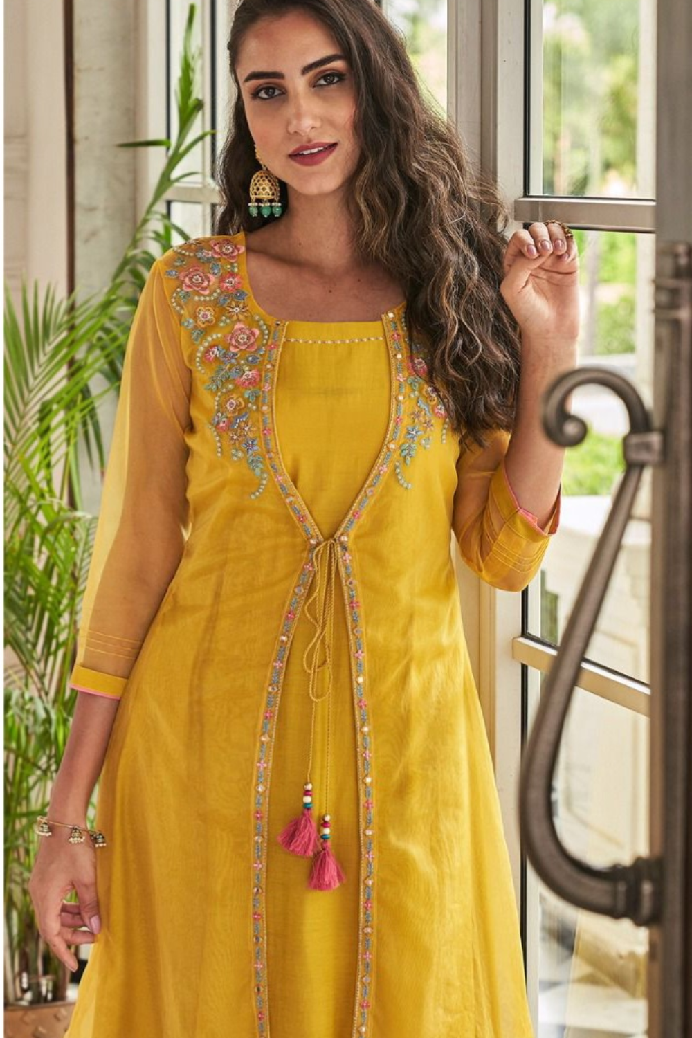 Yellow Colour Hand Embroidered Organza Set