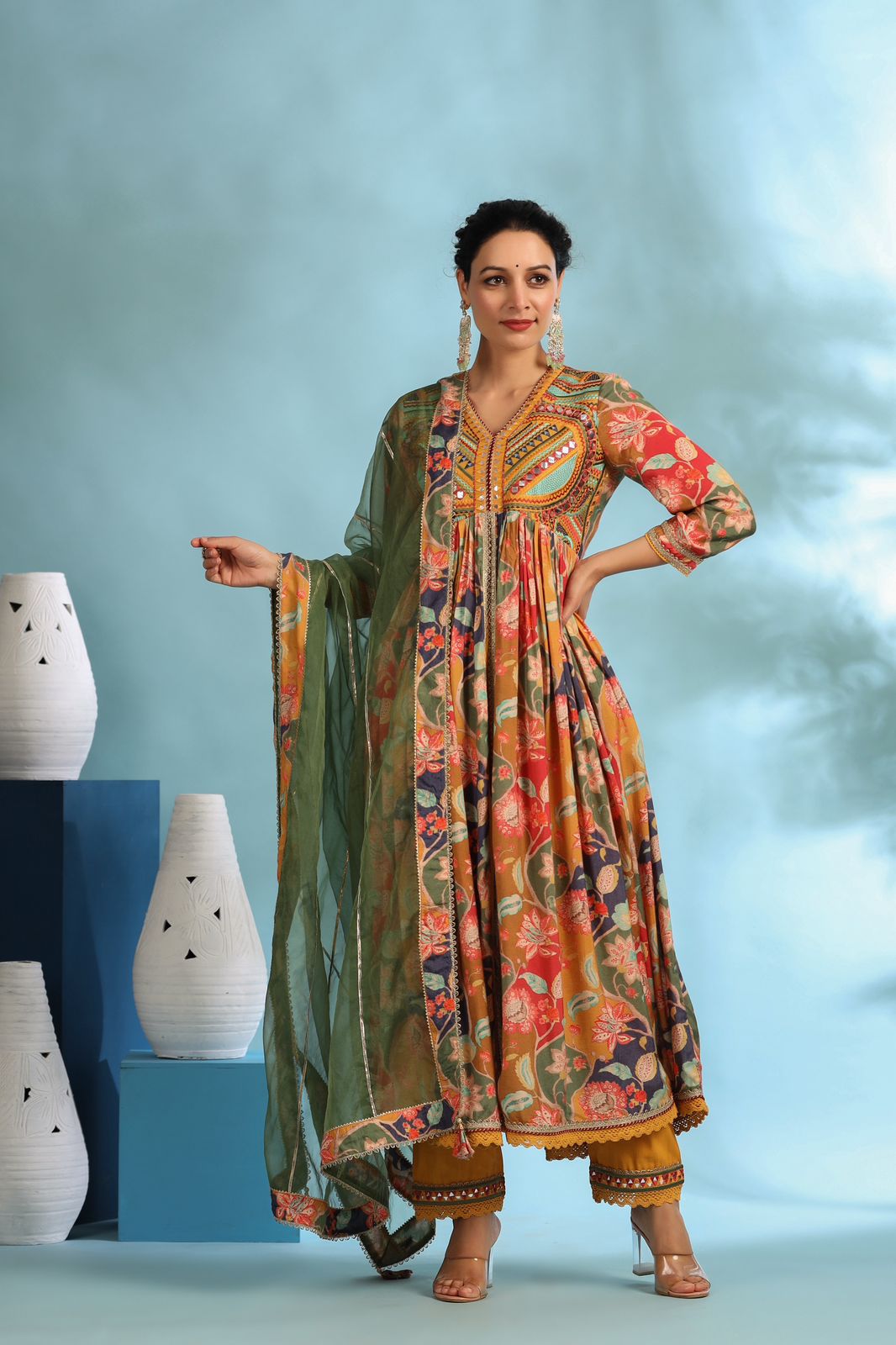 Multi Colour Heavy Front Slit Suit Set