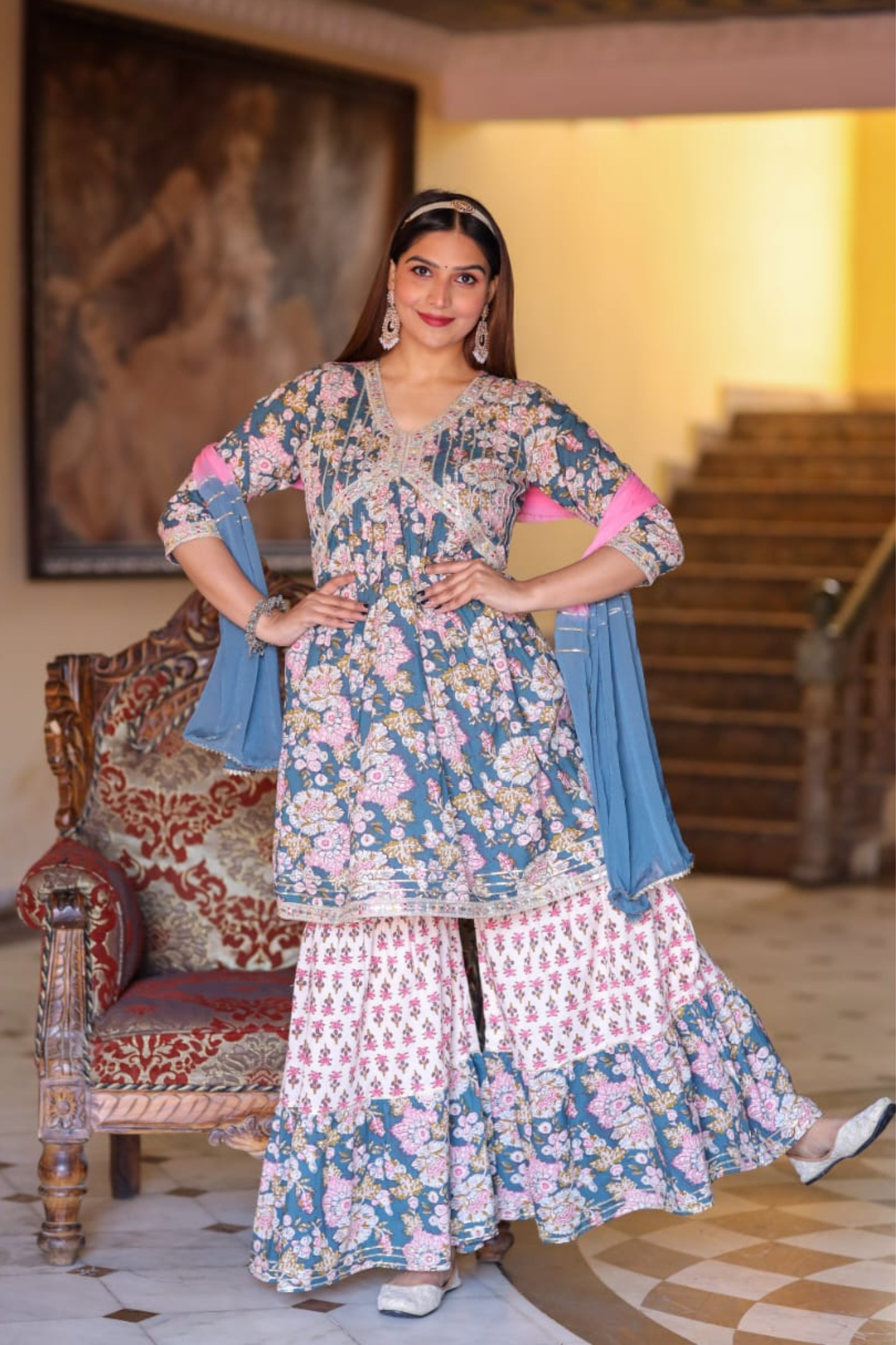 Cotton Pink And Blue Sharara Suit Set
