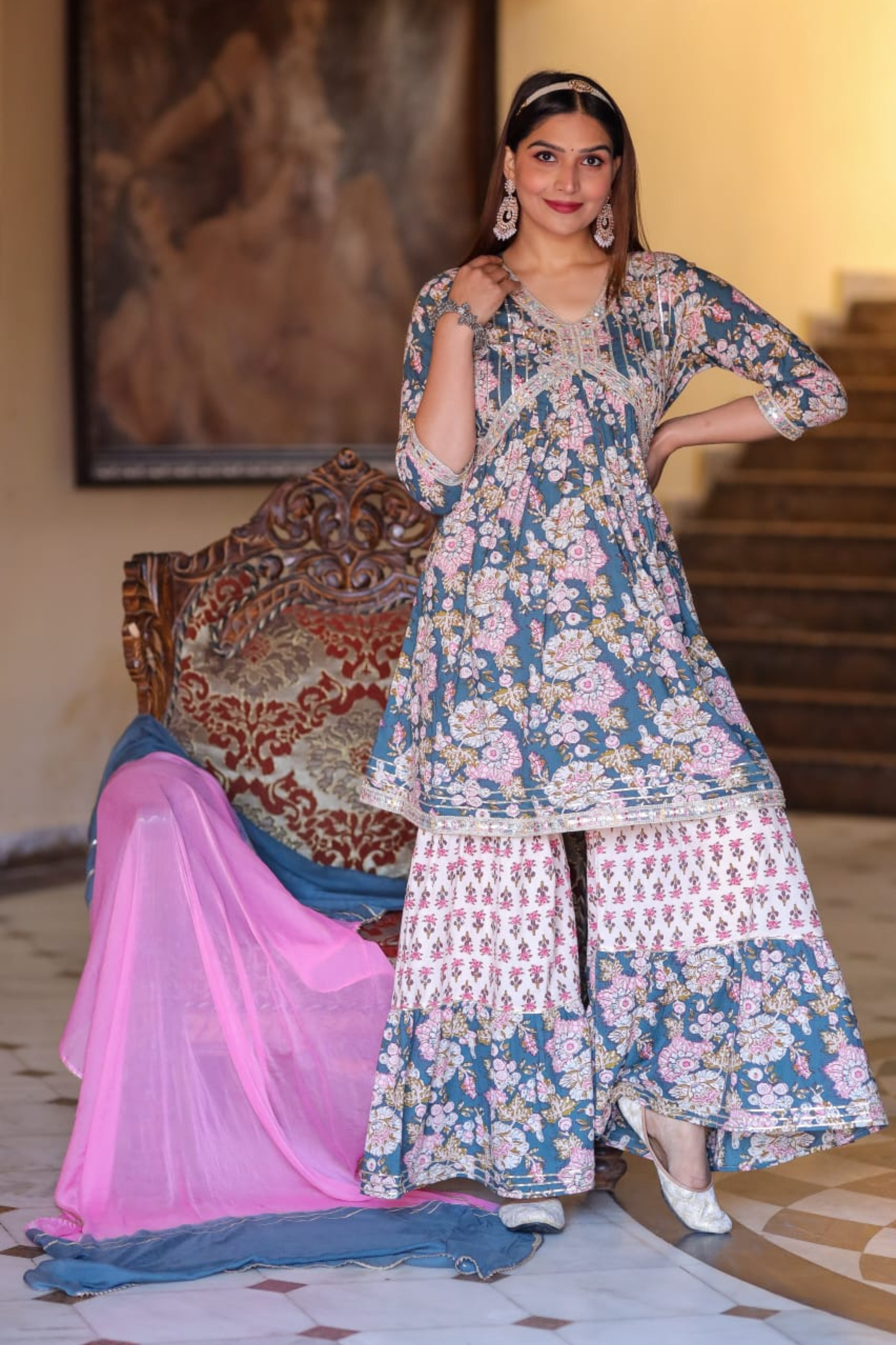 Cotton Pink And Blue Sharara Suit Set