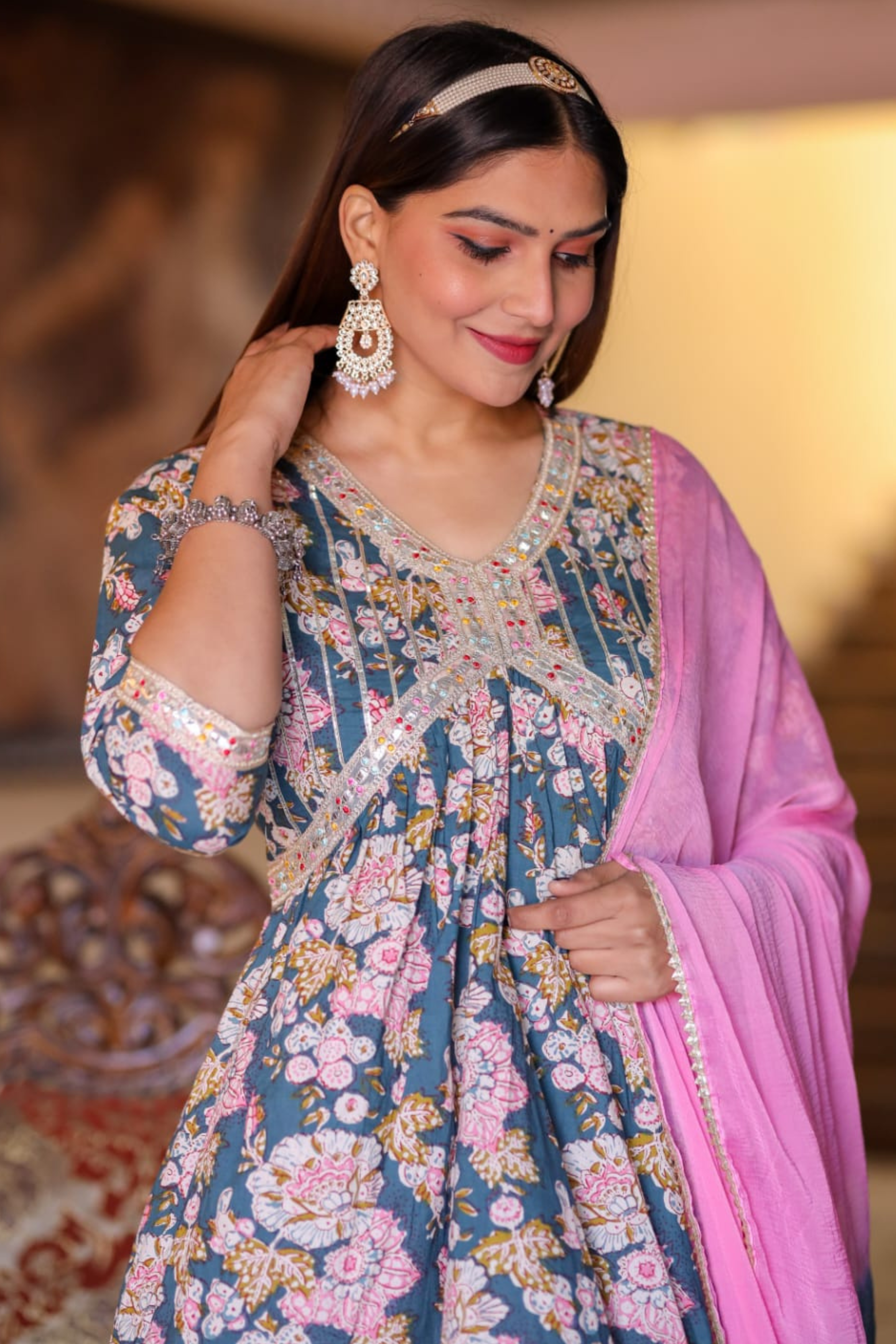 Cotton Pink And Blue Sharara Suit Set