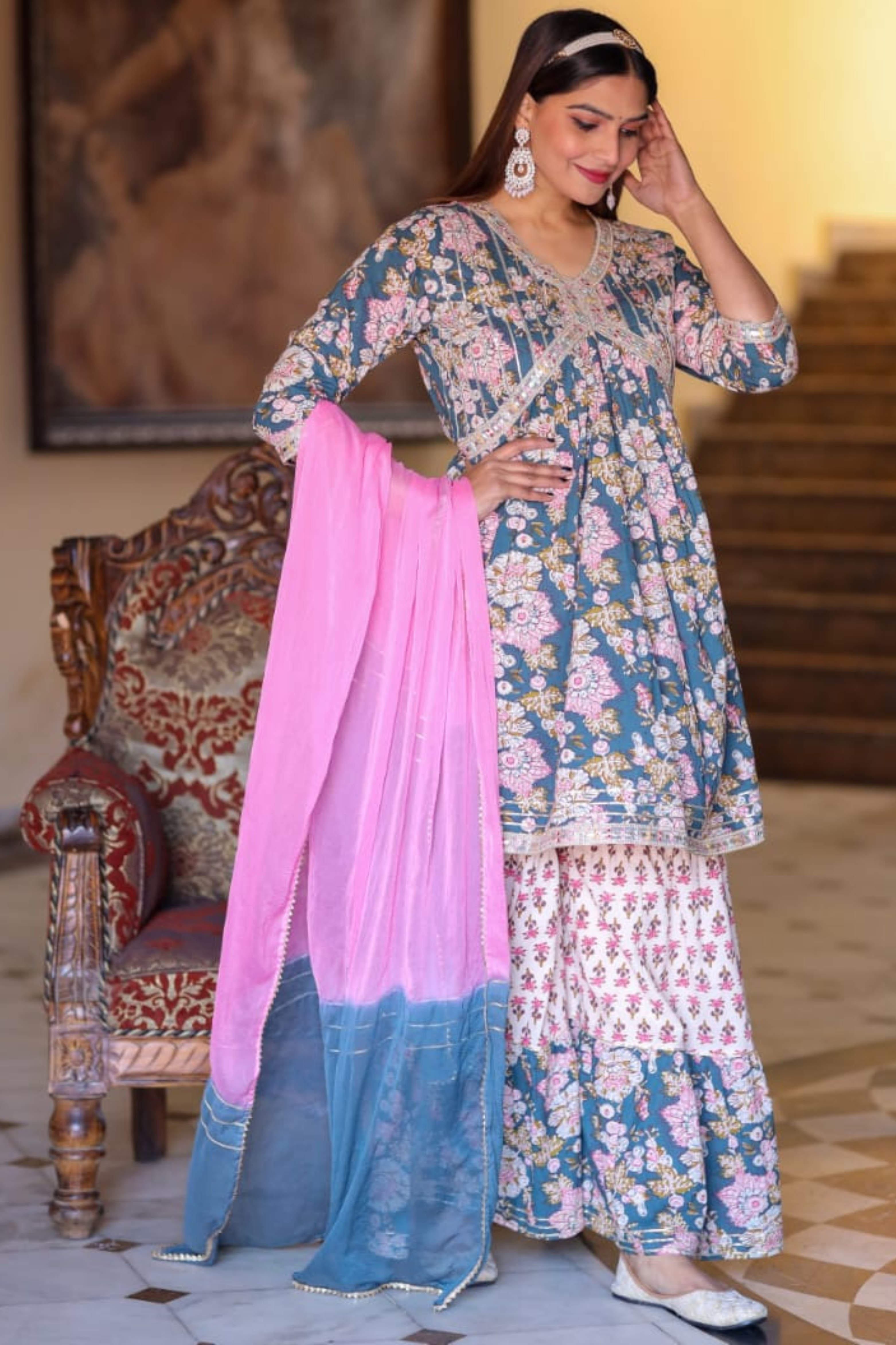 Cotton Pink And Blue Sharara Suit Set