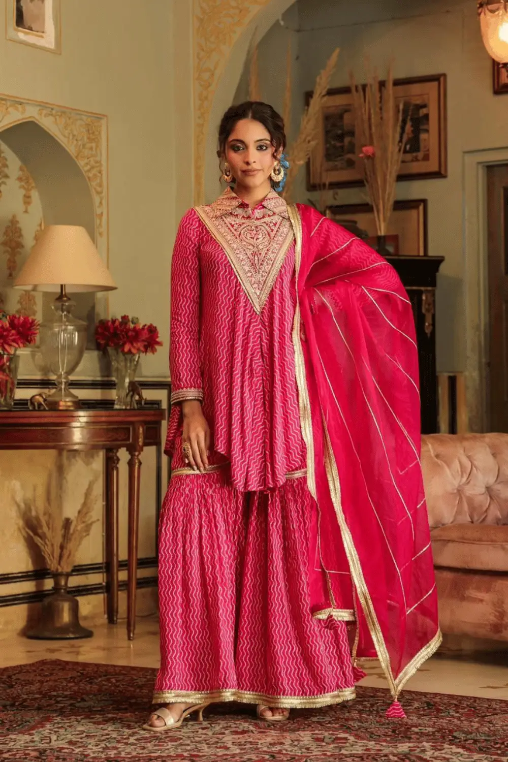 Pure Muslin Silk Heavy Hand Embroidered Flowy Sharara Set (Pink)