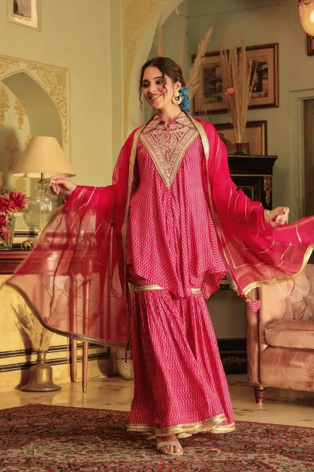 Pure Muslin Silk Heavy Hand Embroidered Flowy Sharara Set (Pink)