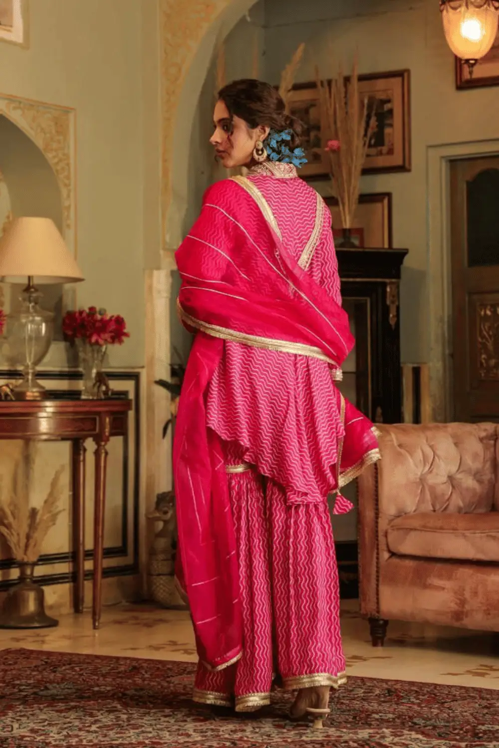 Pure Muslin Silk Heavy Hand Embroidered Flowy Sharara Set (Pink)