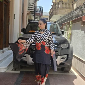 Monochrome Rouge Premium Muslin Crepe Designer Suit