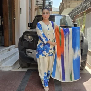 Azure Bloom Premium Muslin Crepe Designer Suit