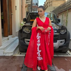 Royal Red Pure Upada Silk Designer Suit with Crepe Lining