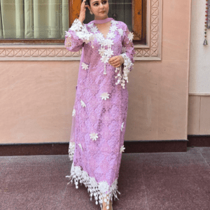 Lilac Luxury Pakistani Crochet Suit Set with Soft Net Dupatta