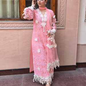 Peach Luxury Pakistani Crochet Suit Set with Soft Net Dupatta