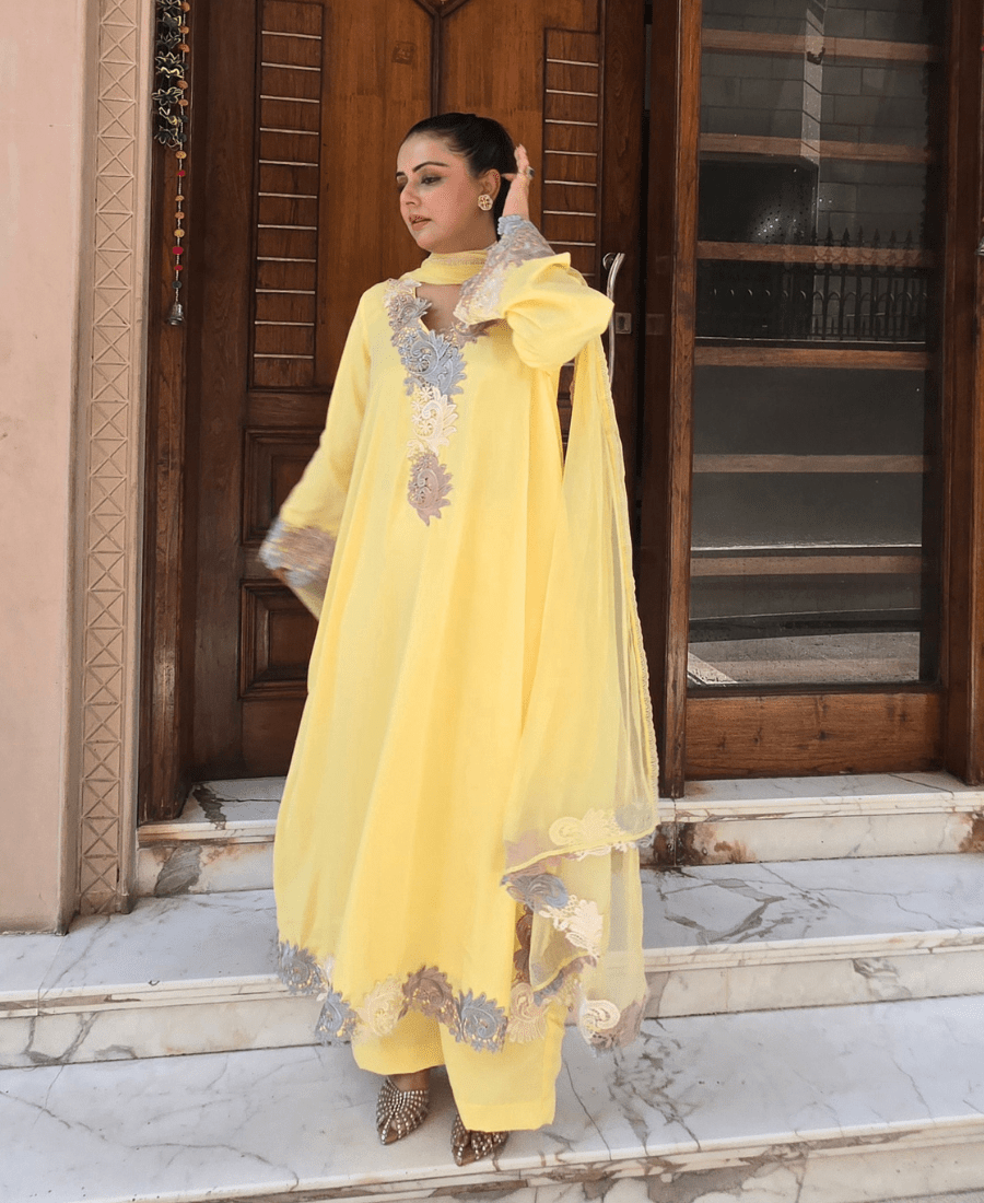 Butter Yellow Pure Crepe Suit Set with Chiffon Dupatta - Image 2