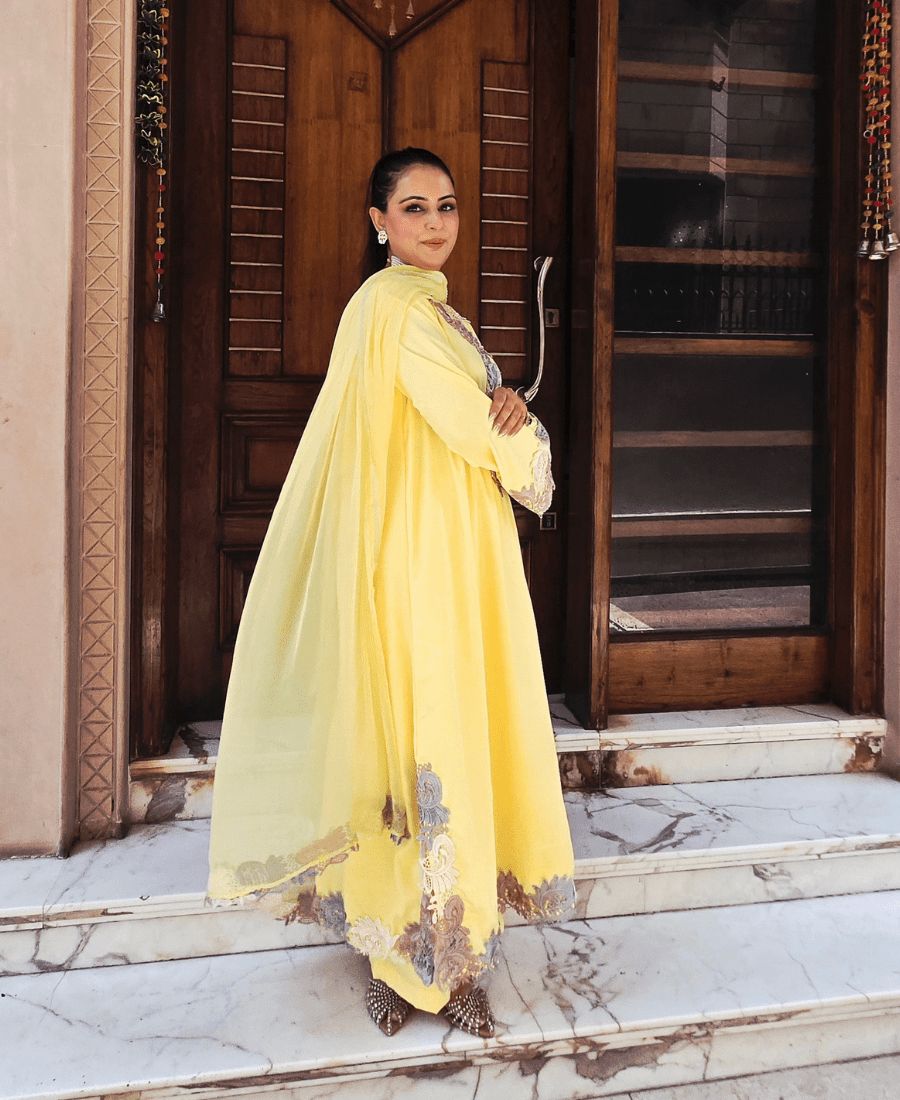 Butter Yellow Pure Crepe Suit Set with Chiffon Dupatta - Image 5