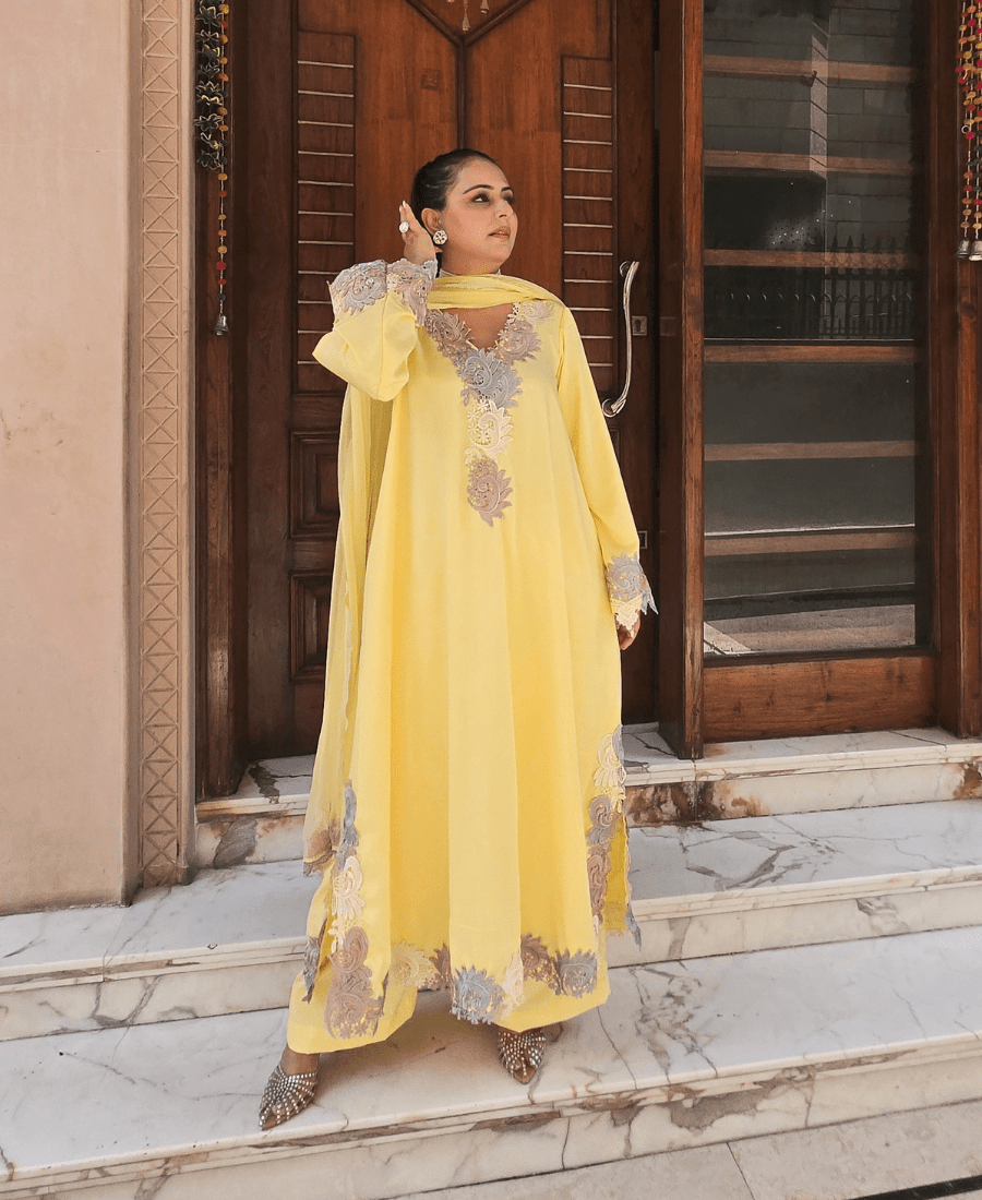Butter Yellow Pure Crepe Suit Set with Chiffon Dupatta