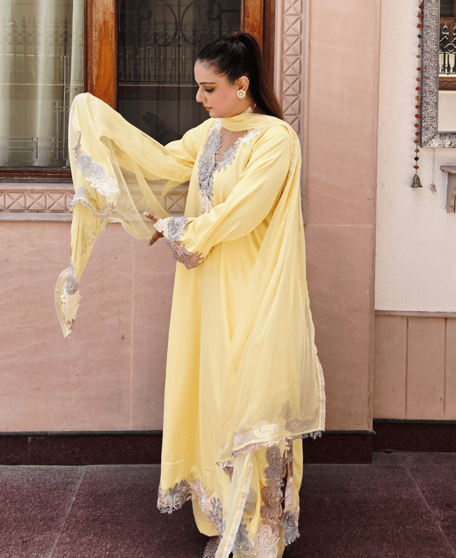 Butter Yellow Pure Crepe Suit Set with Chiffon Dupatta - Image 3