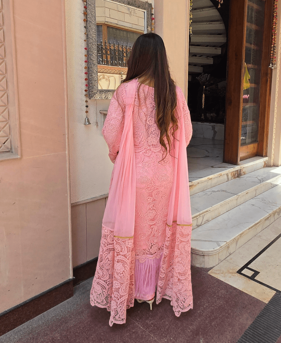 Pink Pure Crochet Designer Luxury Set with Pure Upada Silk Dupatta & Palazzo - Image 6