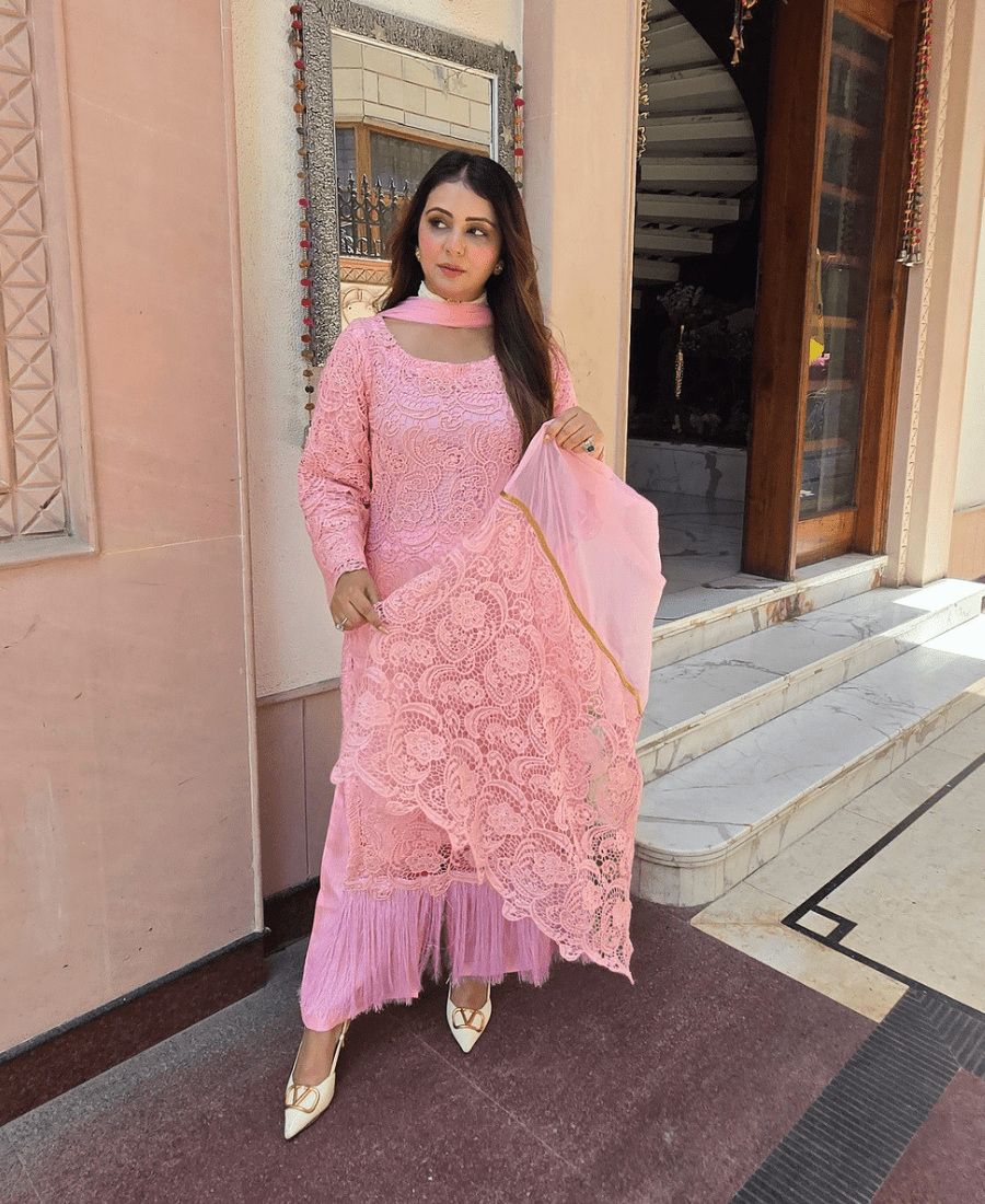 Pink Pure Crochet Designer Luxury Set with Pure Upada Silk Dupatta & Palazzo - Image 5