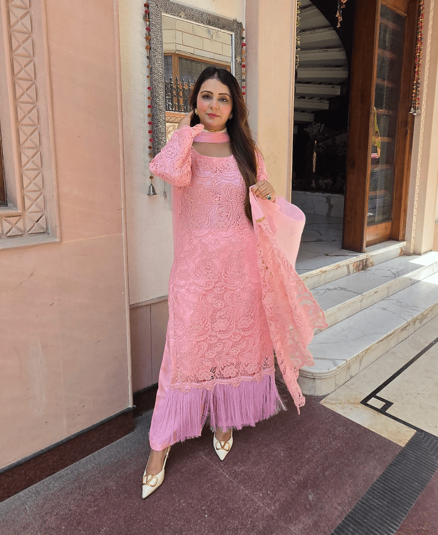 Pink Pure Crochet Designer Luxury Set with Pure Upada Silk Dupatta & Palazzo - Image 4