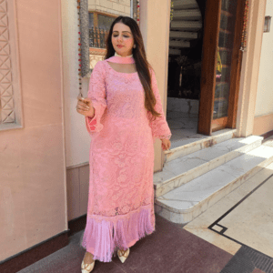 Pink Pure Crochet Designer Luxury Set with Pure Upada Silk Dupatta & Palazzo
