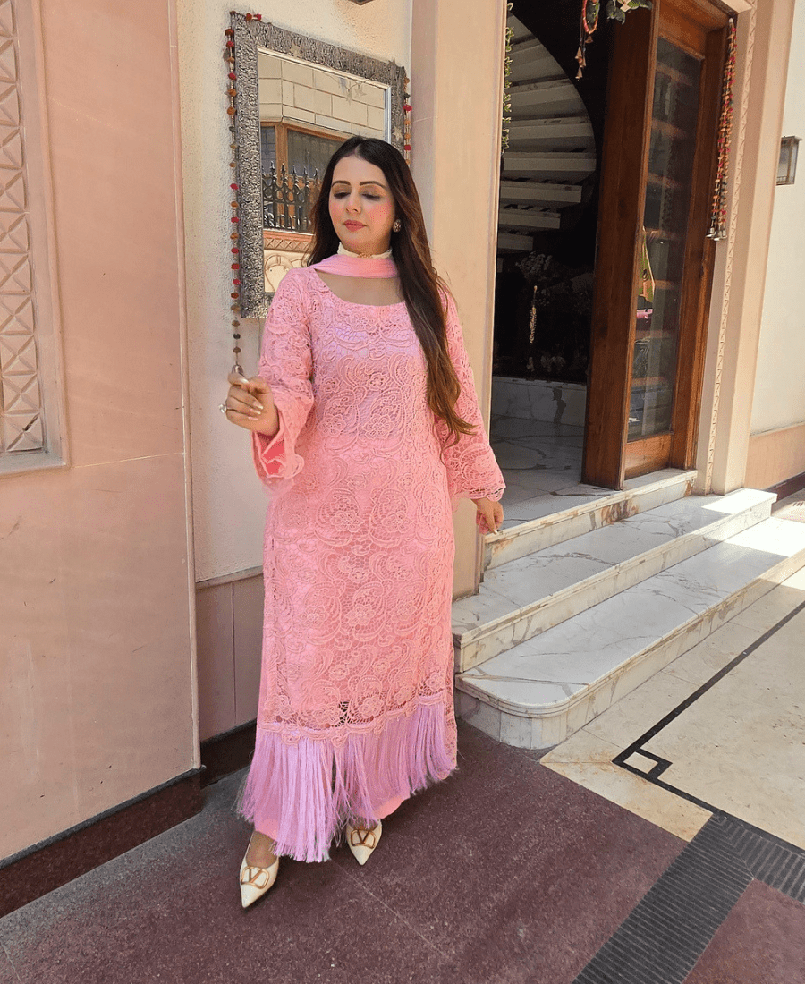 Pink Pure Crochet Designer Luxury Set with Pure Upada Silk Dupatta & Palazzo