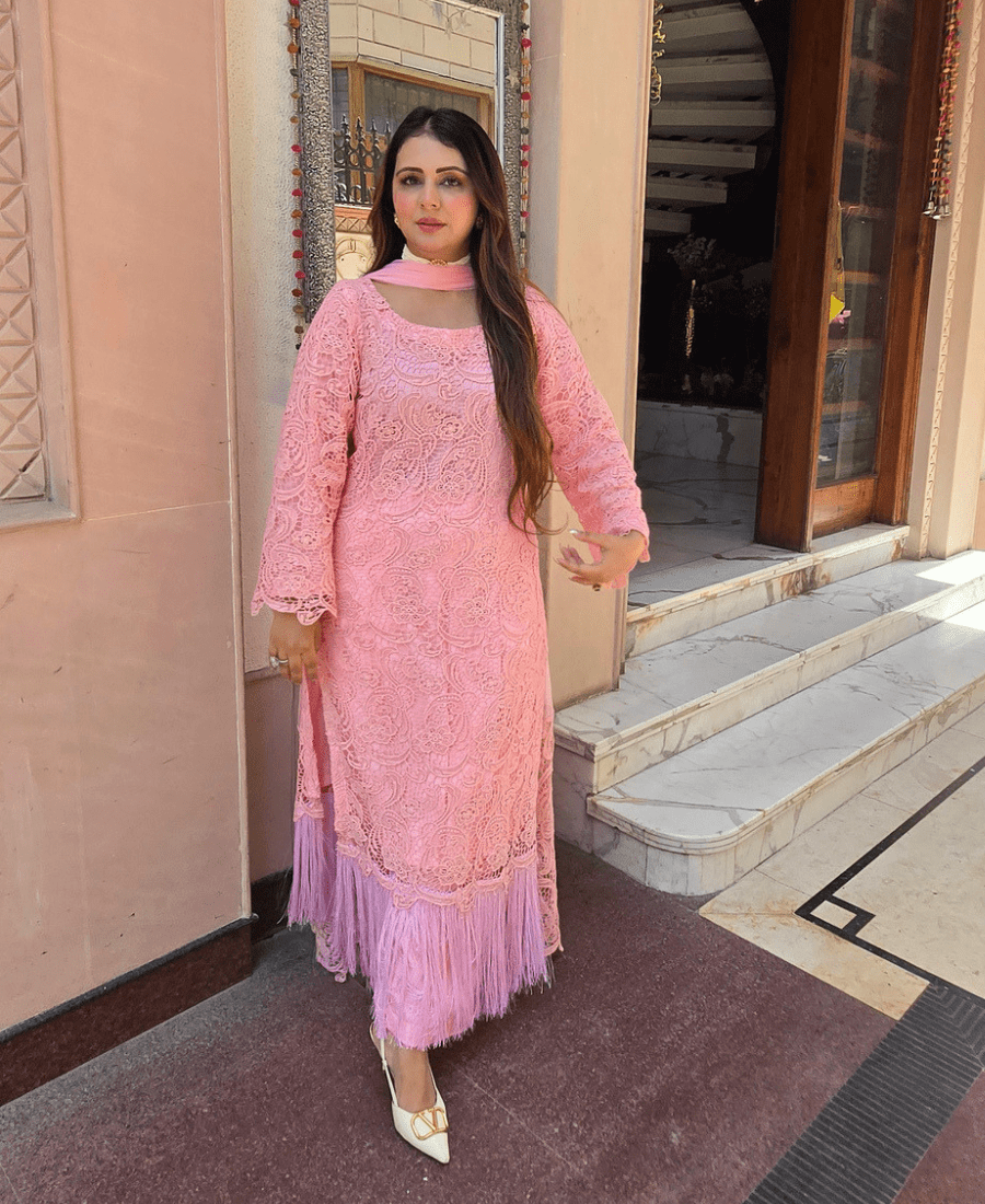 Pink Pure Crochet Designer Luxury Set with Pure Upada Silk Dupatta & Palazzo - Image 2