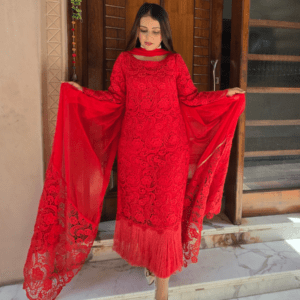 Red Pure Crochet Designer Luxury Set with Pure Upada Silk Dupatta & Palazzo