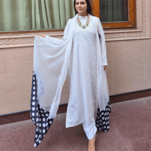 Pure Crepe Polka Dots Suit with Lining and Pure Chiffon Dupatta