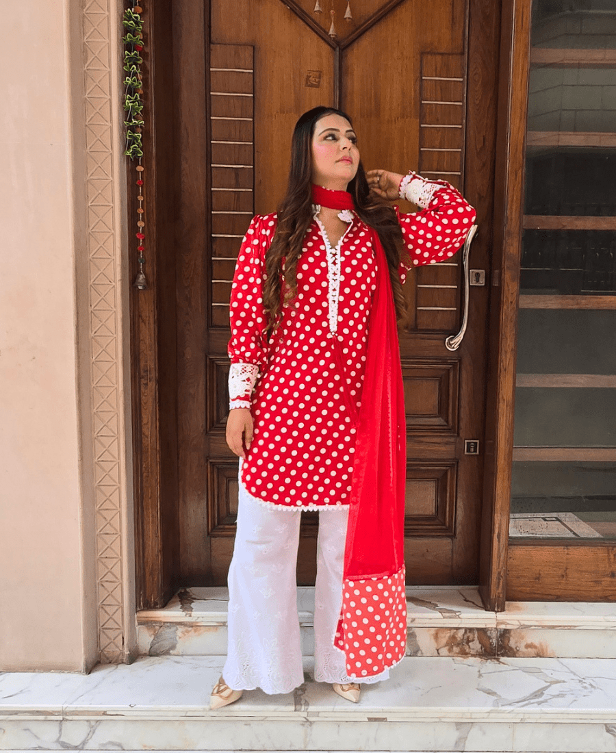Red Polka Dots Suit Set for Women | Retro Crepe Kurta Set with Bell Bottom - Image 9