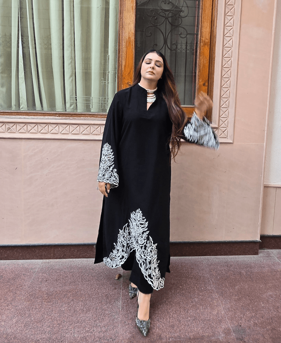 Black Pure Pakistani Co-Ord Set in Imported Luxury Crepe with Thread Embroidery - Image 3