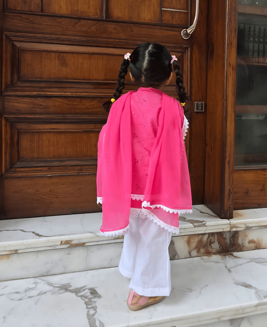 Ireshh Noor Kids Hakoba Suit Set – Pink Cotton Kurti with White Palazzo & Dupatta - Image 7