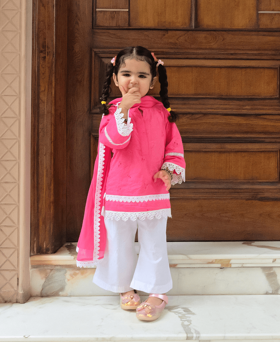 Ireshh Noor Kids Hakoba Suit Set – Pink Cotton Kurti with White Palazzo & Dupatta - Image 6