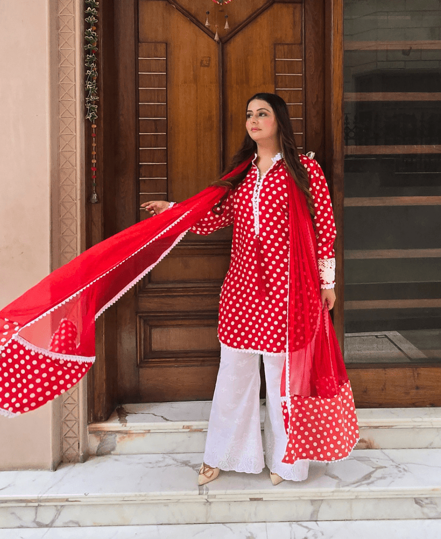 Red Polka Dots Suit Set for Women | Retro Crepe Kurta Set with Bell Bottom - Image 8