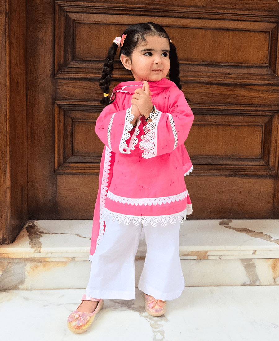Ireshh Noor Kids Hakoba Suit Set – Pink Cotton Kurti with White Palazzo & Dupatta - Image 5